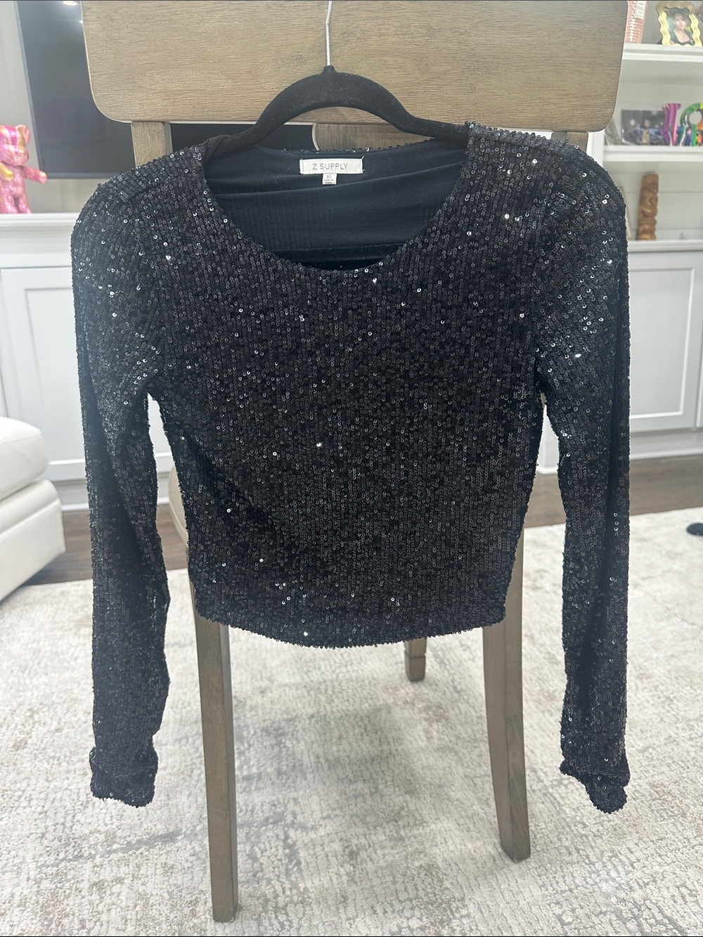 Z Supply Black Sequin Long Sleeve Crop Top